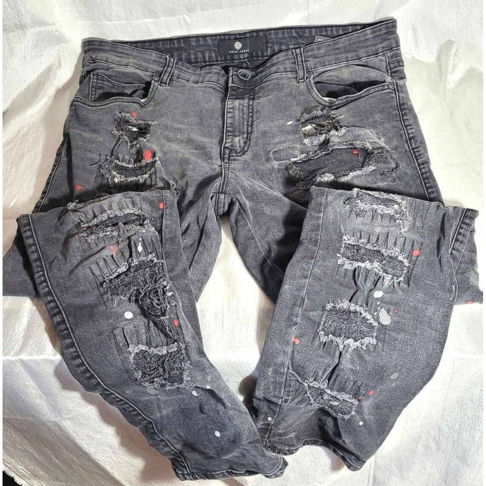 Focus Biker Ripped Distressed Paint Splatter Men's‎ Jeans - Black - 38W x 32L